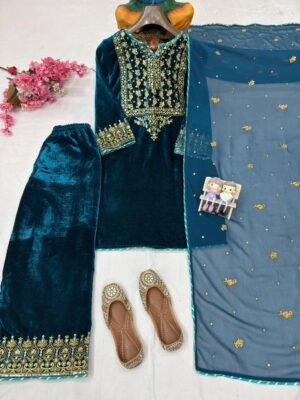 Alternative view of stitched AK 1433  LAUNCHING NEW DESIGNER VELVET SUIT ENHANCE THE BEAUTY OF YOUR WARDROBE WITH THIS NEWLY LAUNCHED VELVET KURTI-PLAZZO SET