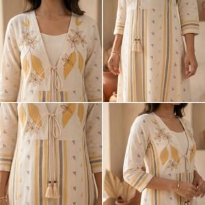 Alternative view of stitched HOV139  HOV Premium   Prism Yellow  This two-piece ensemble captures an effortless, bohemian-luxe aesthetic, pairing a minimalist inner cotton kurta with a beautifully detailed outer jacket.