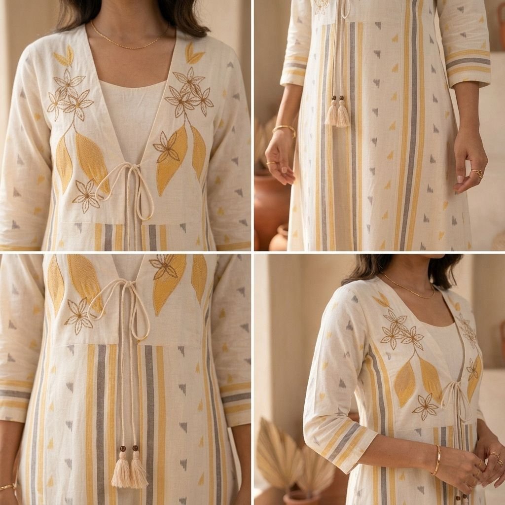 stitched HOV139 HOV Premium Prism Yellow This two-piece ensemble captures an effortless, bohemian-luxe aesthetic, pairing a minimalist inner cotton kurta with a beautifully detailed outer jacket. - Image 2