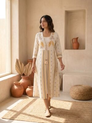 stitched HOV139  HOV Premium   Prism Yellow  This two-piece ensemble captures an effortless, bohemian-luxe aesthetic, pairing a minimalist inner cotton kurta with a beautifully detailed outer jacket.