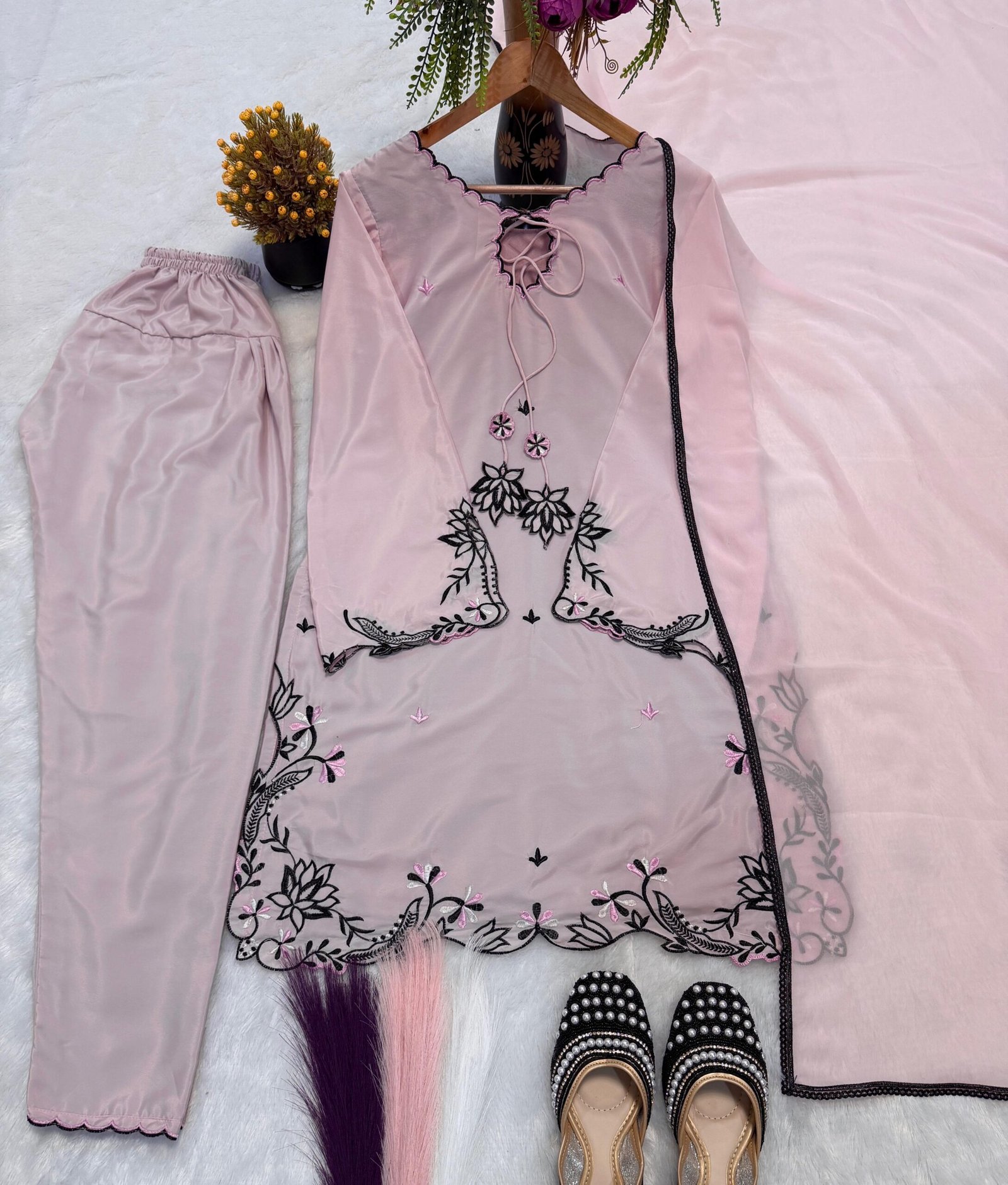 stitched (AK-2043) Heavy Natural Crep Silk and Multi Cotton Dagha Embroidery Work.Fully Fancy Sleeves - Image 2