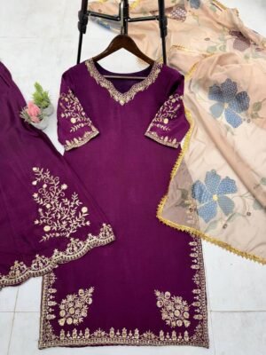 Alternative view of stitched NEW SUPER HIT 5 COLOUR   EXCLUSIVE DESIGNER HEAVY CHINON WITH SEQUANCE EMBROIDERY WORK SUIT WITH FULL FLAIR WORK GHARARA   CODE :- AK-1872