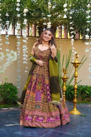 stitched Elevate your festive wardrobe with this breathtaking Chinon gown, perfectly blending traditional artistry with contemporary elegance. This set is an ideal choice for weddings, receptions, and grand celebrations