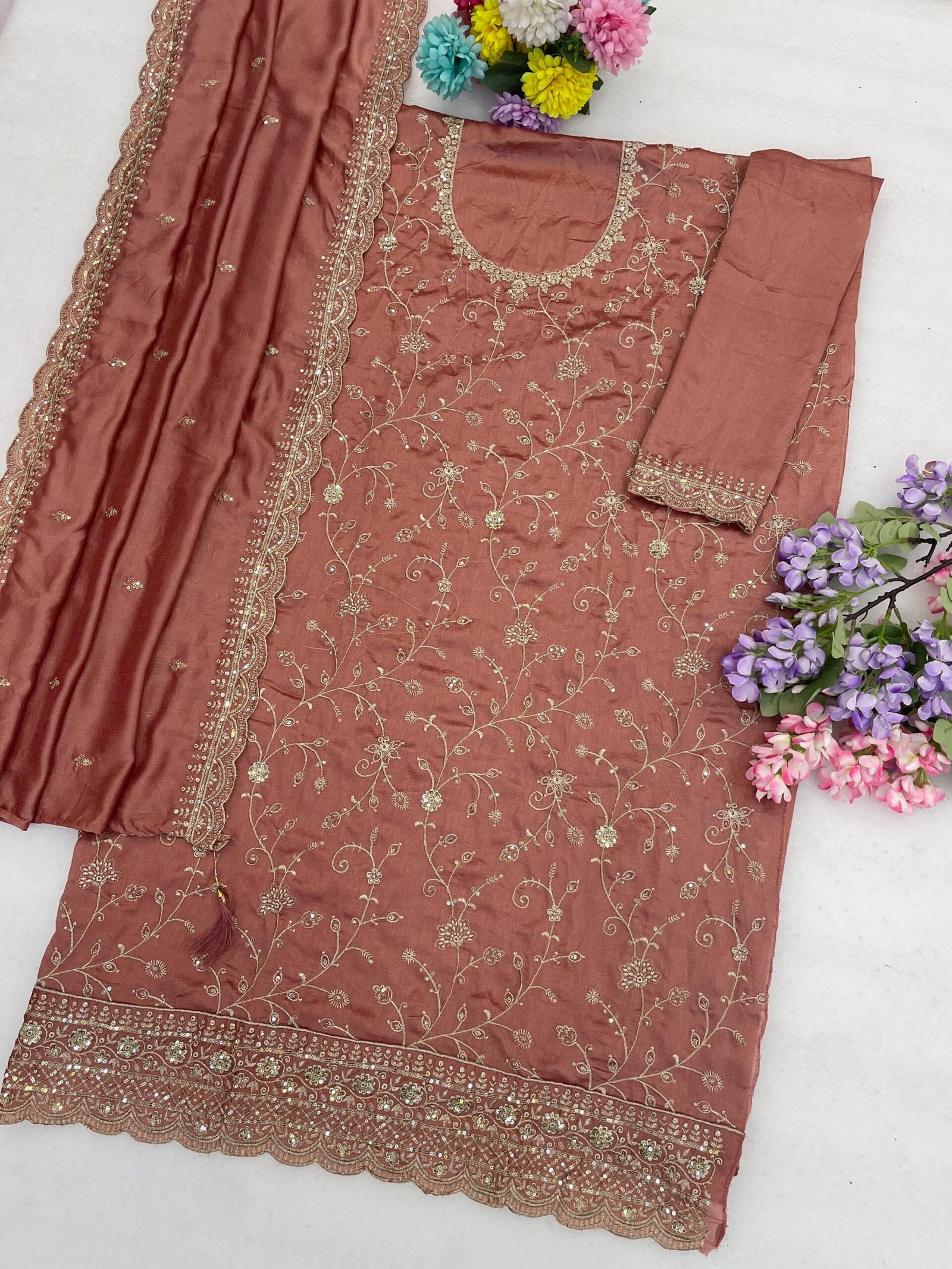 semi stitched PAVITRA GROUP DESIGN NO : 3109 Vichitra Silk with Heavy Embroidered 3mm Sequence Work - Image 4