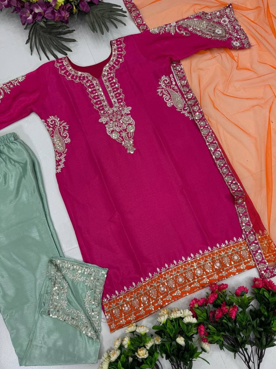 stitched NEW COLOUR ADDED HEAVY EID SPECIAL TOP, DUPATTA WITH PLAZZO CODE :- AK - 1664 - Image 2