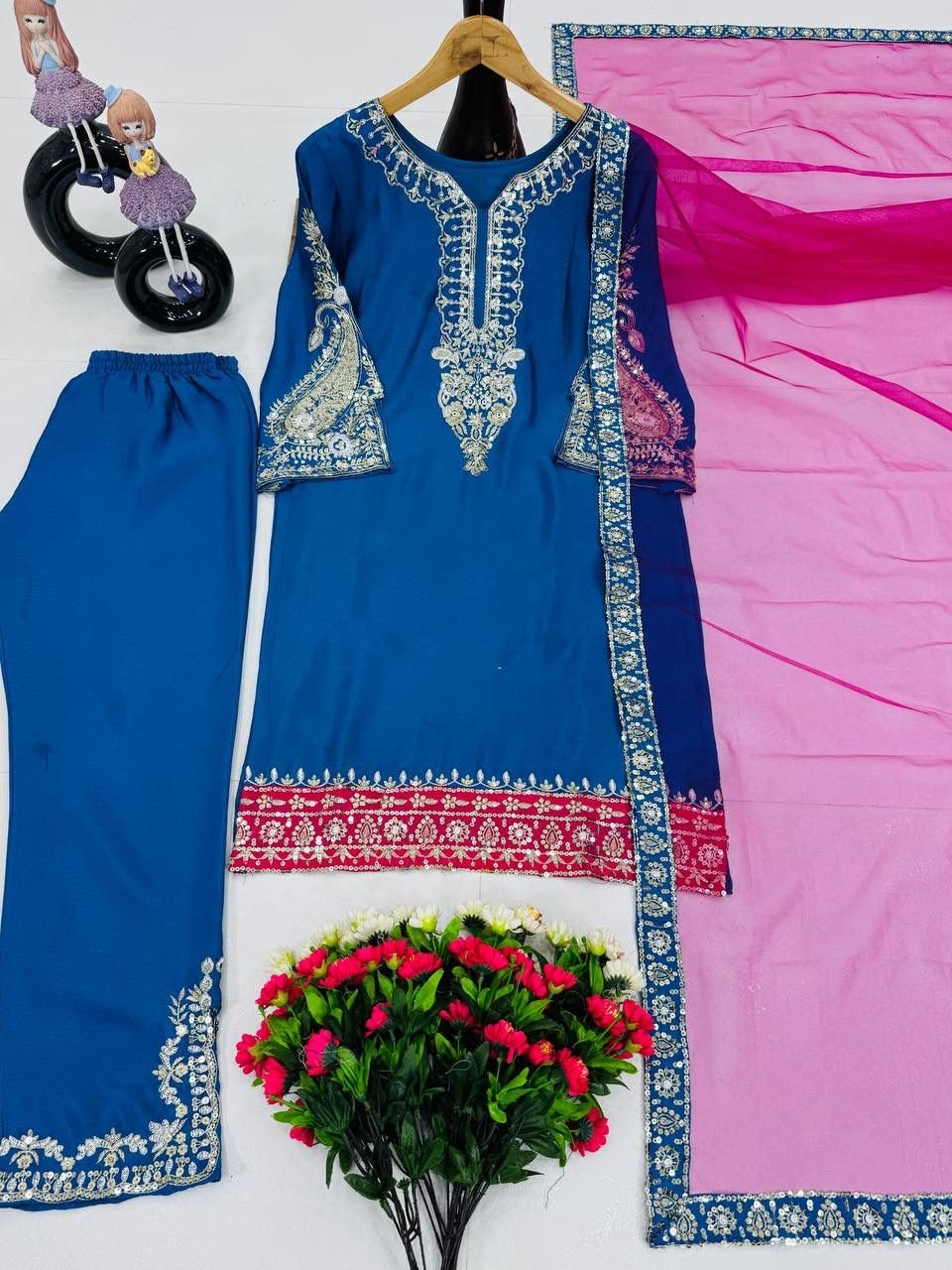 stitched NEW COLOUR ADDED HEAVY EID SPECIAL TOP, DUPATTA WITH PLAZZO CODE :- AK - 1664 - Image 3
