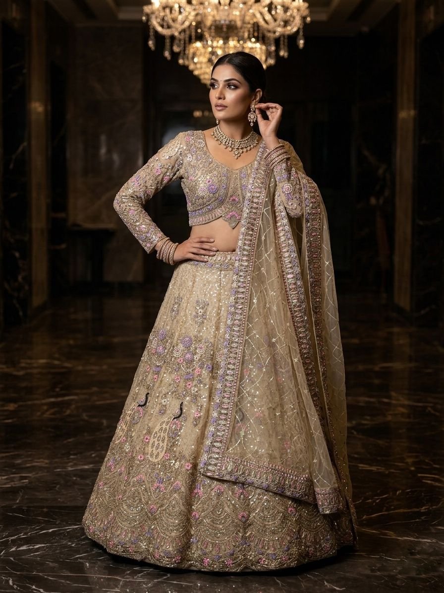 semi stitched AK Launching 4 meter flared Coding Sequins Work Lehenga, Exceptional Quality with Can-Can and Canvas Layers, A Perfect Fusion of Glamour and Comfort D.No=AK-1676 Beige Price-2450 Rs Only
