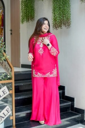 stitched Launching New Đěsigner Party Wear Look Pure Mul Chanderi Top Plazzo & Dupatta Set