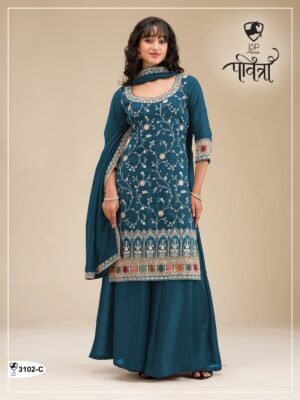 semi stitched *PAVITRA GROUP*DESIGN NO : 3102  Fancy Blooming Vichitra with Heavy Embroidery Work With 3+5 mm Sequence