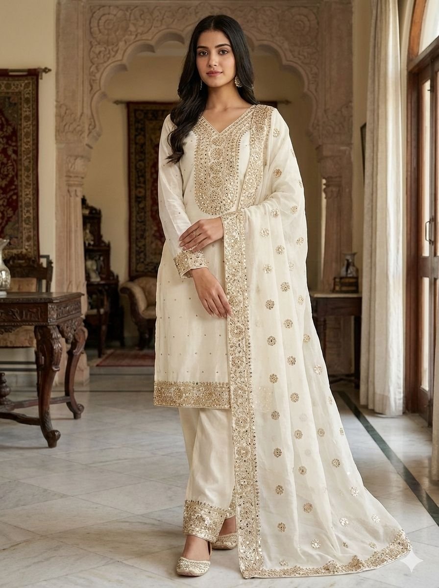 stitched Presenting New Eid Collection In Fendy Silk With Heavy Embroidery Sequence Work Top-Bottom And Dupatta Set Fully Stitched Ready To Wear