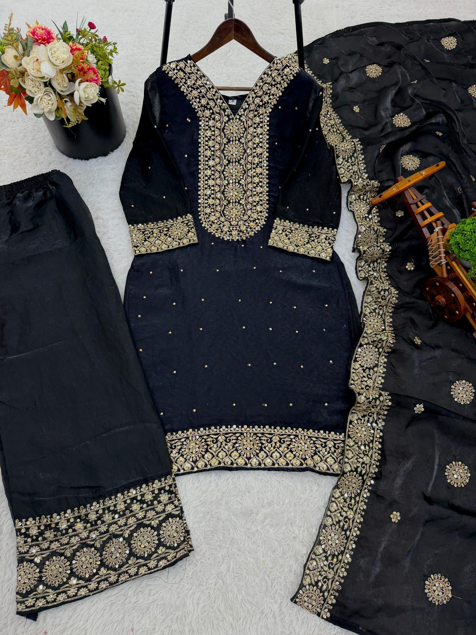 stitched Presenting New Eid Collection In Fendy Silk With Heavy Embroidery Sequence Work Top-Bottom And Dupatta Set Fully Stitched Ready To Wear - Image 4