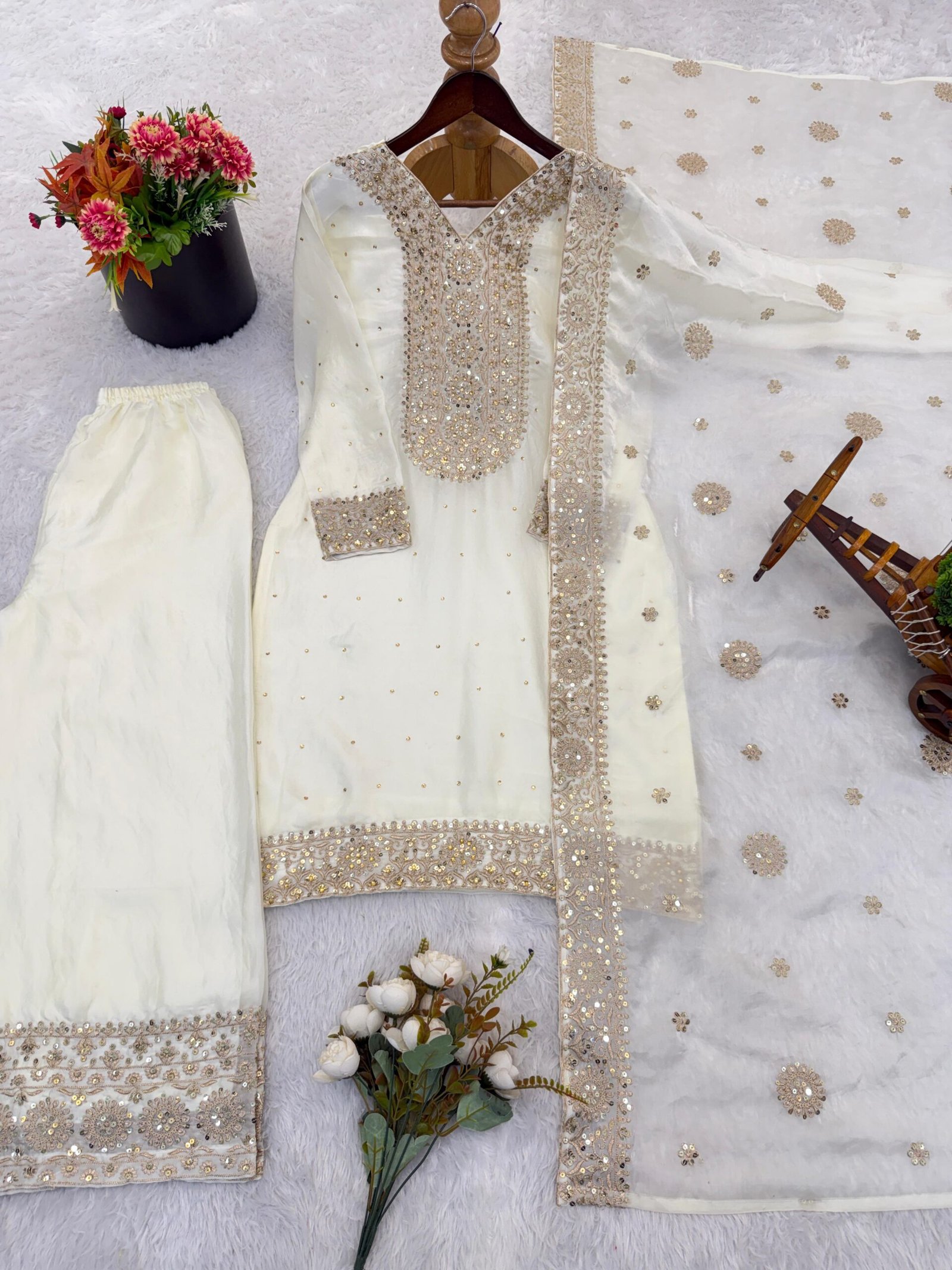 stitched Presenting New Eid Collection In Fendy Silk With Heavy Embroidery Sequence Work Top-Bottom And Dupatta Set Fully Stitched Ready To Wear - Image 2