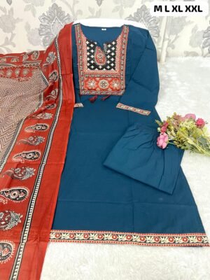 stitched Featuring beautiful  Heavy Cotton Suit Set which is beautifully decorated with handwork weaving and prints. It i paired with matching pants and  dupatta.