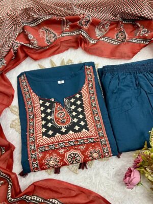 Alternative view of stitched Featuring beautiful  Heavy Cotton Suit Set which is beautifully decorated with handwork weaving and prints. It i paired with matching pants and  dupatta.