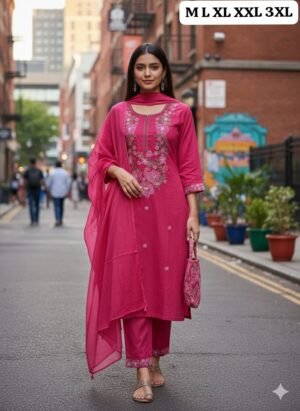 Alternative view of stitched Kurti with plazzo with dupatta  Step into timeless elegance with this exquisite  designed to make you stand out at any festive or celebratory occasion. Crafted from luxurious silk, the aline kurti set with dupatta features a graceful flare that flows beautifully, creating a regal and sophisticated look silhouette. The intricate detailing on the yoke adds a touch of traditional charm, while the soft cotton 60 60 fabric ensures all-day comfort.