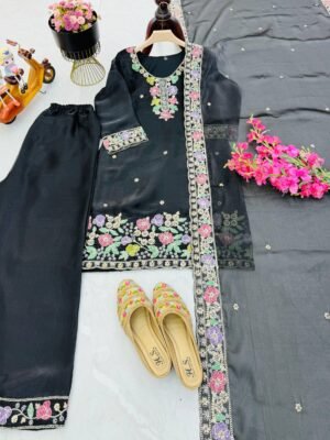 Alternative view of stitched AK-Series New Designer Party Top Pallazo & Dupatta Set CODE:-AK-8012