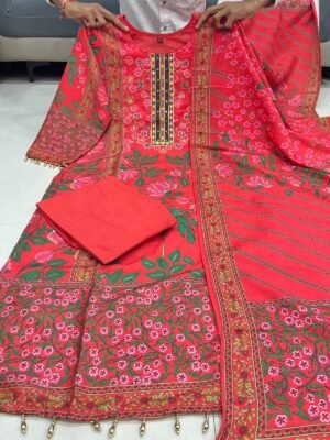 Alternative view of stitched Step into Timeless elegance with this exquisite A Premium Muslin kurti set With Full Handwork Nack , Designed to make you stand out at any festive or Celebratory Occasion. Crafted from luxurious silk, the kurti features a graceful flare that flows beautifully, creating a regal and sophisticated look silhouette. The intricate detailing on the yoke adds a Touch of Traditional charm, while the Premium Muslin fabric ensures all-day comfort.