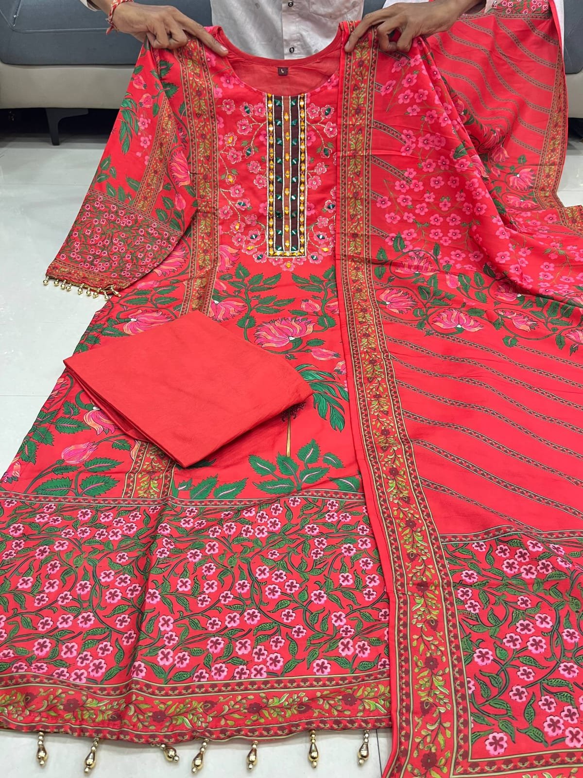 stitched Step into Timeless elegance with this exquisite A Premium Muslin kurti set With Full Handwork Nack , Designed to make you stand out at any festive or Celebratory Occasion. Crafted from luxurious silk, the kurti features a graceful flare that flows beautifully, creating a regal and sophisticated look silhouette. The intricate detailing on the yoke adds a Touch of Traditional charm, while the Premium Muslin fabric ensures all-day comfort. - Image 2