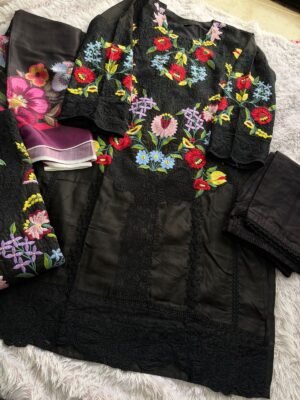 Alternative view of semi stitched ZIAAZ PRESENTS  Code 17 and 18 semi stitched  Heavy embroidered cambric cotton beautiful semi stitched suits with beautiful emb. Cotton bottoms unstitched Lawn printed dupattas