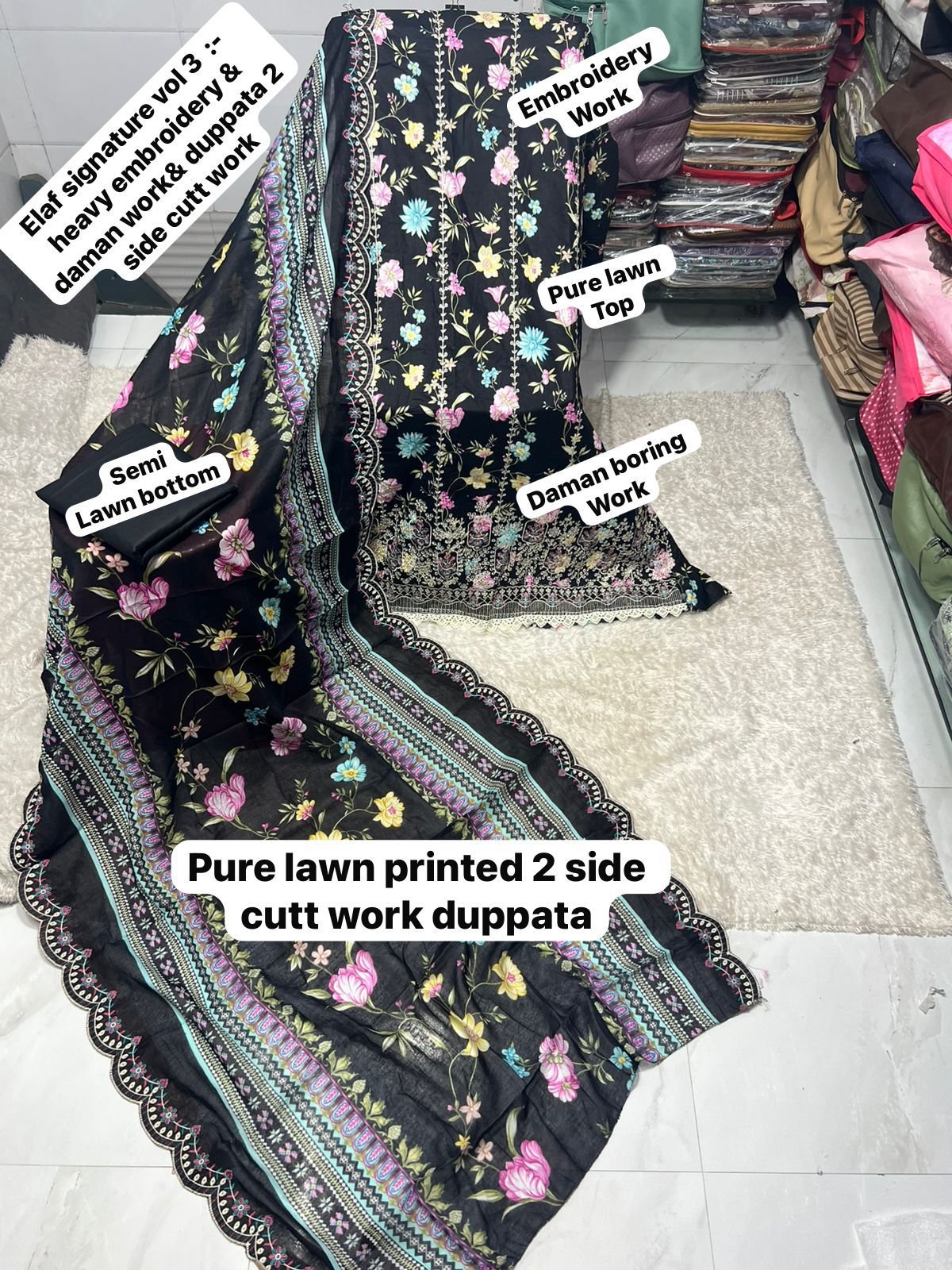 semi stitched ELAF SIGNATURE VOL 3 CATALOGUE TOP EMBROIDERY FULLY WORK+ DAMAN WORRK DESIGN DUPPTA cutwork Work Collection 2026 - Image 4