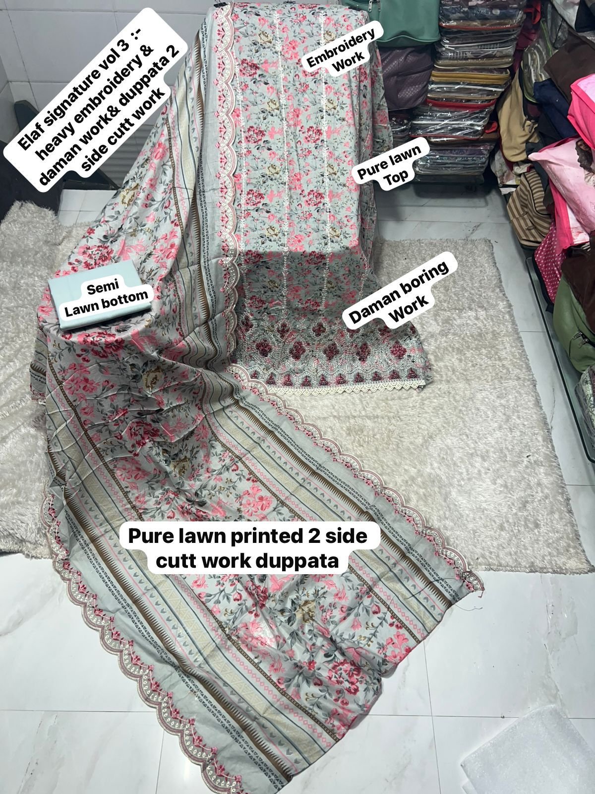 semi stitched ELAF SIGNATURE VOL 3 CATALOGUE TOP EMBROIDERY FULLY WORK+ DAMAN WORRK DESIGN DUPPTA cutwork Work Collection 2026 - Image 5