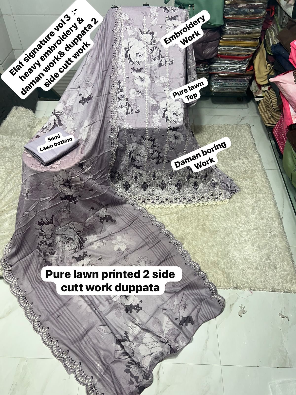 semi stitched ELAF SIGNATURE VOL 3 CATALOGUE TOP EMBROIDERY FULLY WORK+ DAMAN WORRK DESIGN DUPPTA cutwork Work Collection 2026 - Image 3