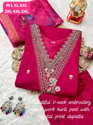 Alternative view of stitched Elevate your ethnic wardrobe with our stunning Muslin Silk Ensemble. Perfectly crafted with intricate hand-embroidery and delicate french knots, this set is designed to make you the center of attention at any festive occasion!
