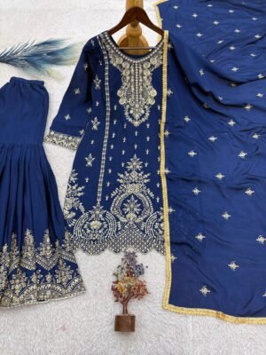 Alternative view of stitched AK-643   Upcoming New Ready To Wear Collection 3 Piece Fancy Top With Beautiful Sharara And Dupatta