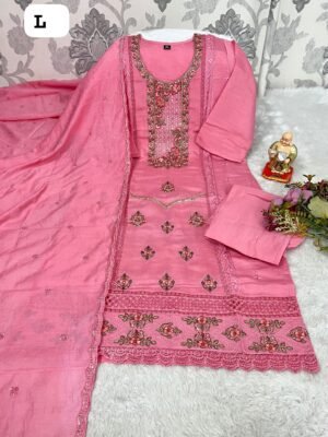 stitched Beautiful Straight fit Suit with Laced Work On Kurti Straight fit Pant & Heavy Bits Work All over in Dupatta.