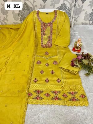 Alternative view of stitched Beautiful Straight fit Suit with Laced Work On Kurti Straight fit Pant & Heavy Bits Work All over in Dupatta.