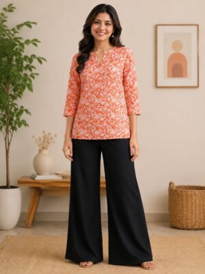 stitched New Lonching Co-ord set   Catlog name - Zamkudi-2 Orange Cloth details-Top -Rayon slub with digital print