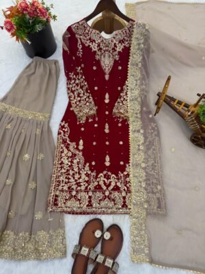Alternative view of stitched Presenting New Designer Party wear Eid Collection Pure Heavy Faux Georgette With Heavy Embroidery Coding Dori-Sequence Work Top-Bottom And Dupatta Set Fully Stitched Ready To Wear