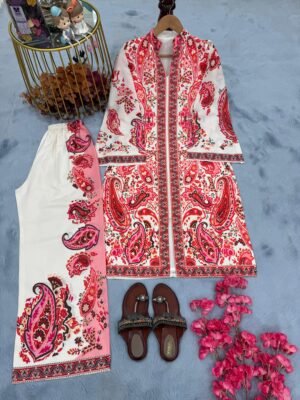 Alternative view of stitched Launching New  Đěsigner Party Wear Look Printed Pur Malai Satin Long 2Pc Co-Ord Set   LADY LOOK-018
