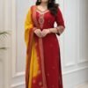 stitched The pure berry berry  silk kurta is adorned with intricate machine embroidery coding across the sleeves and neckline, lending a touch of regal finesse. It is paired with bery bery pants for effortless comfort and a flowing silhouette. Completing the ensemble is a statement pure zari stripe KANJIVARAM Silk  dupatta, beautifully dyed to perfection, adding grandeur and festive charm