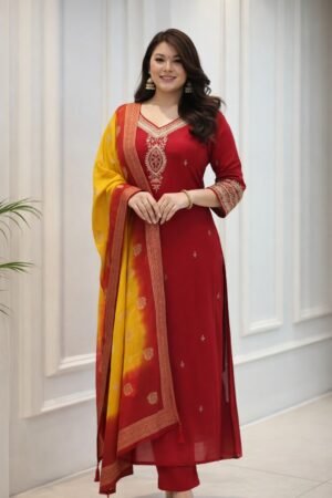stitched The pure berry berry  silk kurta is adorned with intricate machine embroidery coding across the sleeves and neckline, lending a touch of regal finesse. It is paired with bery bery pants for effortless comfort and a flowing silhouette. Completing the ensemble is a statement pure zari stripe KANJIVARAM Silk  dupatta, beautifully dyed to perfection, adding grandeur and festive charm