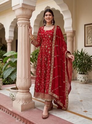 Alternative view of stitched Anarkali Goun Set Collection  Royal Anarkali that speaks elegance in every thread  Intricate golden embroidery, timeless festive charm ❤️ Graceful flow, perfect for weddings & celebrations  Where tradition meets modern royalty.  Dn: AK ON5170