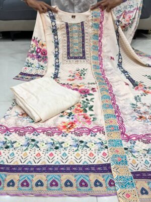 Alternative view of stitched Featuring Lilac Silks Suit which is beautifully decorated with digital prints and hand embroidery and hand works. It is absolutely perfect for your upcoming occasions, it is very easy breezy and comfortable.