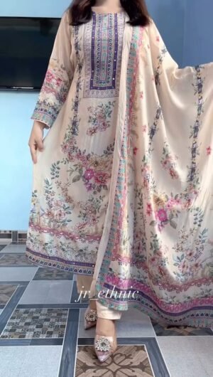 stitched Featuring Lilac Silks Suit which is beautifully decorated with digital prints and hand embroidery and hand works. It is absolutely perfect for your upcoming occasions, it is very easy breezy and comfortable.