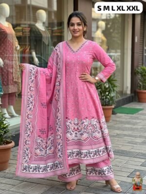 stitched *HAND WORK  IN V NECK ROUND KURTI WITH  PLAZZO PENTS AND DUPATTA SET*🪡