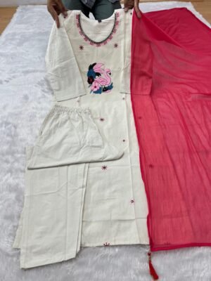 Alternative view of stitched New Designers Kurti Pent Dupatta Set  Khadi Cotton with Beautiful Embroidery