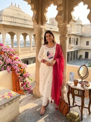 stitched New Designers Kurti Pent Dupatta Set  Khadi Cotton with Beautiful Embroidery
