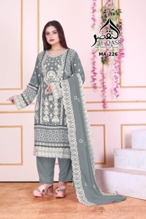 stitched AK-QASR D. NO  226 Readymade Georgette Collection  HEAVY FOX GEORGETTE WITH EMBROIDERY WORK AND HAND-KHATLI WORK