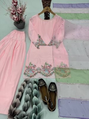 Alternative view of stitched DESIGNER HEAVY NATURAL CREAP EMBROIDERED SEQUENCE WORK WITH FANCY TOP-PENT DUPATTA SET  CODE :-AK-216