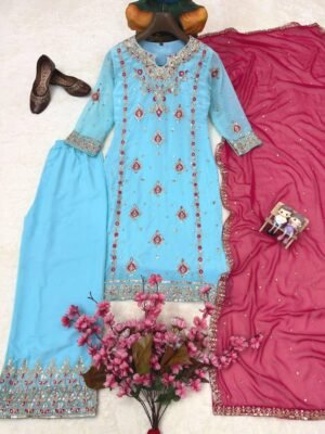 Alternative view of stitched AK 1443  ENHANCE THE BEAUTY OF YOUR WARDROBE WITH THIS NEWLY LAUNCHED KURTI & PLAZZO SET