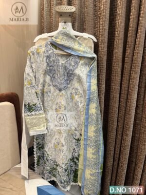 Alternative view of stitched MARIA.B PRESENTS  NAME:- D.NO 1071  READYMADE COLLECTION FULL STITCHED COTTON TOP WITH SELF EMBROIDERY ON NECK WITH STYLING IN SLEEVES & DAMAN