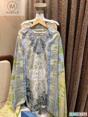 stitched MARIA.B PRESENTS  NAME:- D.NO 1071  READYMADE COLLECTION FULL STITCHED COTTON TOP WITH SELF EMBROIDERY ON NECK WITH STYLING IN SLEEVES & DAMAN