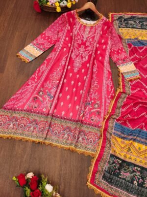 Alternative view of stitched NEW LAUNCHING  Ivory Pakistani Suits made from Pure Muslin fabric with digital prints and lace detailing certainly sound like a fashionable choice for upcoming occasions. The comfort and style they offer can make them a great addition to your wardrobe. If you have any specific questions or need more information about these suits, feel free to ask