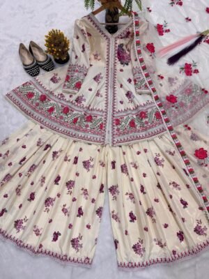Alternative view of stitched (AK-520)   Fabric Detail  Top Peplum Style Heavy Natural Crep Silk and Multi Cotton Dagha With 5mm Embroidery Work.Fully Puff sleeves