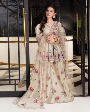 stitched (AK-520)   Fabric Detail  Top Peplum Style Heavy Natural Crep Silk and Multi Cotton Dagha With 5mm Embroidery Work.Fully Puff sleeves