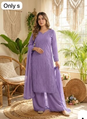 stitched Featuring soothing yet fox georgette Febric with chikankari embroidery work and full lining with Grorgett dupatta embroidery work with lace 😘elegant work  gown with Color.Long suit with side cut style and pettern. It is a perfect outfit for any small gathering or function. It is very comfortable as it looks